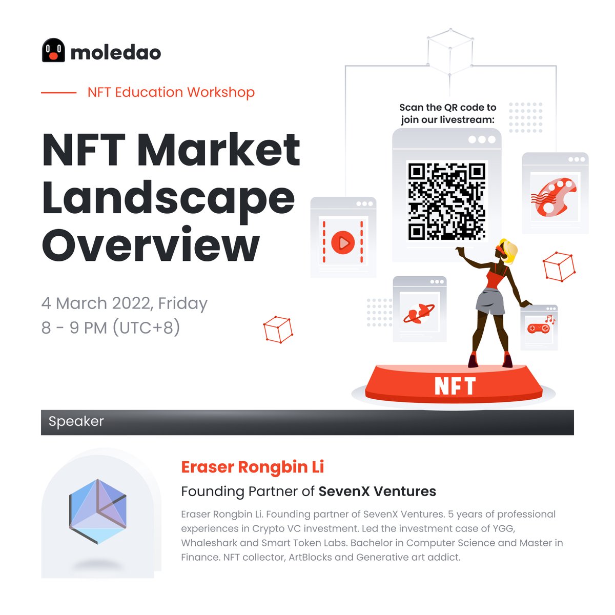 moledao_io's tweet photo. Kicking off the 2nd #NFT Education workshop this Friday, 4 March at 8PM (UTC+8) / 1PM (UTC)!

Topic is NFT Market Landscape Overview with @losteraser from @SevenXVentures, set your reminder now: 
⏰ https://t.co/x6Pb0LUiL2 https://t.co/fq7XXmRO3v