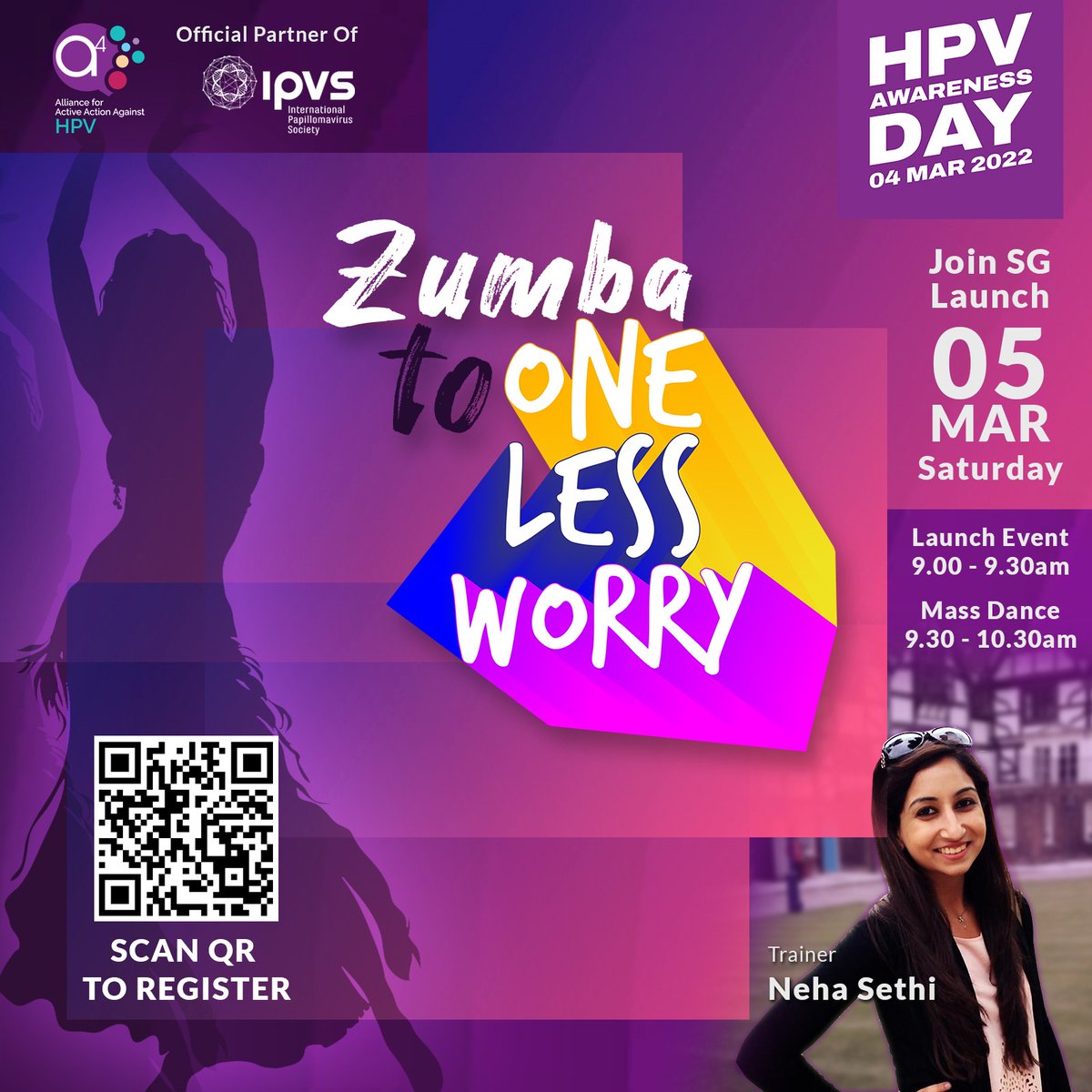 Want to help solve a global challenge? Join #A4HPV towards #OneLessWorry and eliminate HPV-caused cancers globally this International #HPVAwarenessDay! 
5th Mar, Sat from 9am-10.30am (GMT+8) with a Bollywood &amp; Zumba Fitness mix. 
Sign up now for free: tinyurl.com/dancetooneless…
