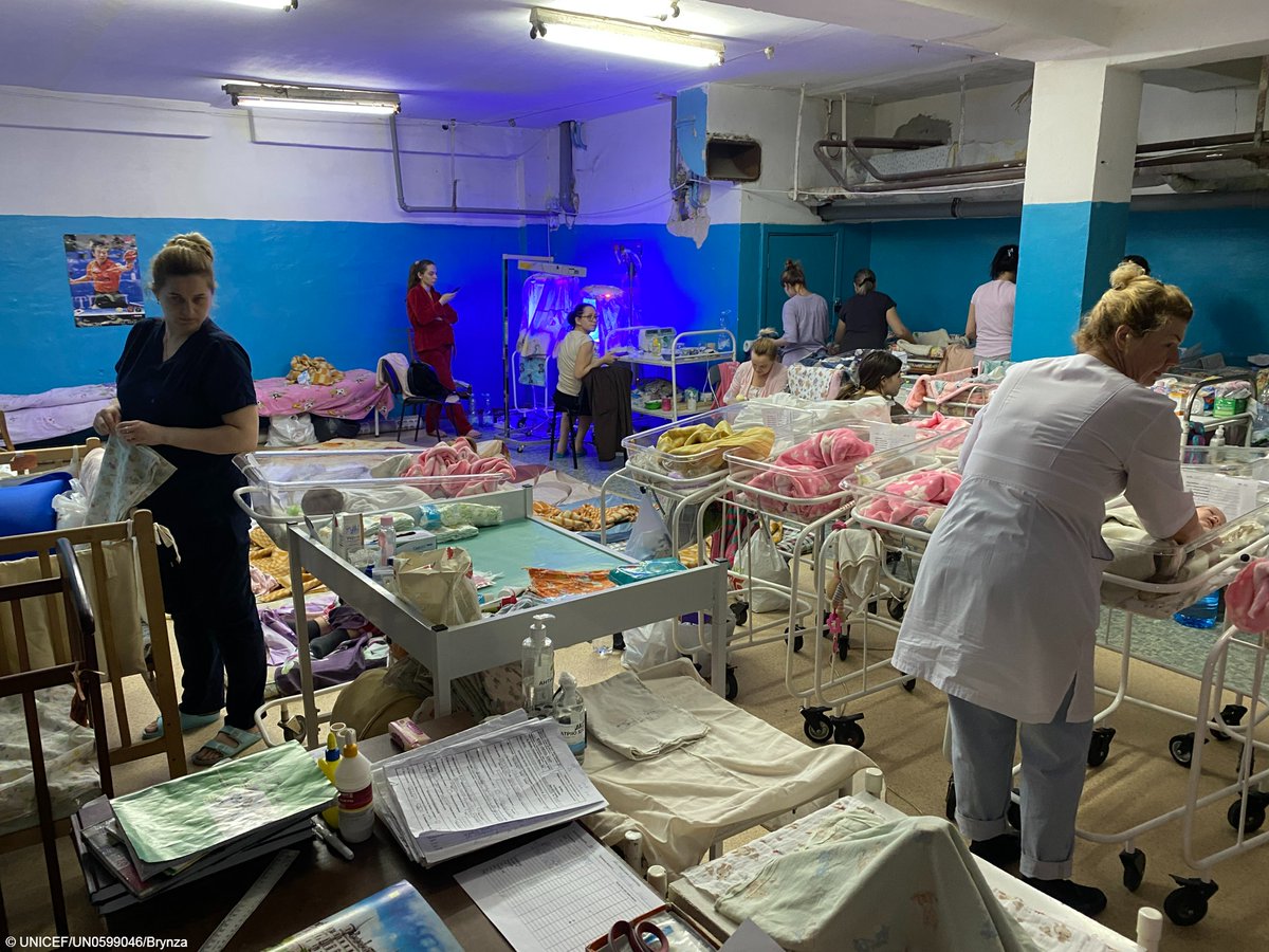 UNICEF's tweet photo. Amidst deadly conflict, heroic health workers at this underground maternity unit in Kharkiv are helping bring new life into the world.  

Children in #Ukraine need peace now. https://t.co/SwjsKIvM3G