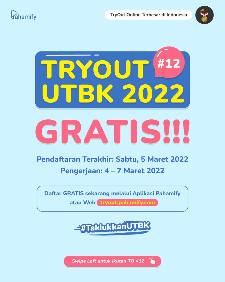 pahamify's tweet image. 🖋️ TRYOUT UTBK #12 GRATIS DIBUKA! GASSSSPOLLL! 🖋️

TO Gratis lagi? Jelas ada dong! TO #12 hadir buat Pejuang UTBK kesayangan Mipi! 🌲

Kamu bisa daftar hingga 5 Maret 2022 dan pengerjaannya mulai 4-7 Maret 2022 ya~ 💐