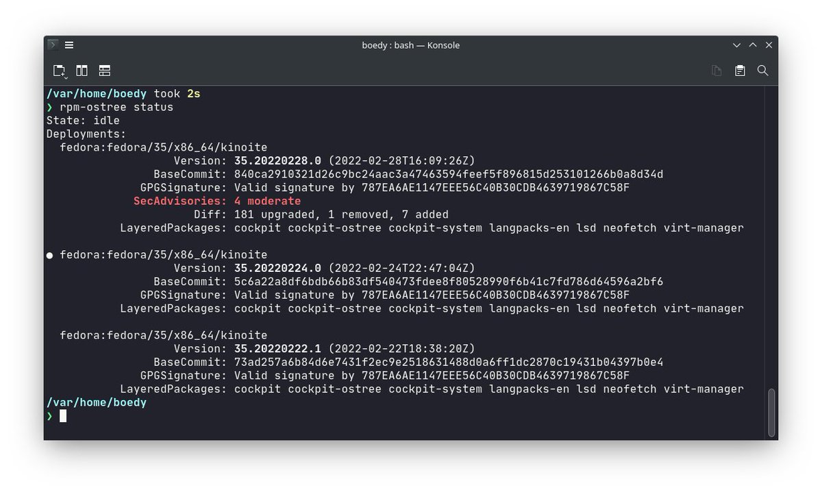 boedybios's tweet photo. It's been two months I'm using @fedora Kinoite for my daily driver and it works great. Love the idea of immutable OS 🙂
@teamsilverblue #Kinoite #Linux #OStree https://t.co/tCSKgqkC0i