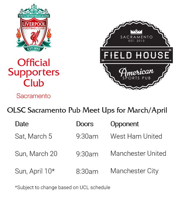Latest pub schedule is up!  Hope to see everyone at the pub Saturday as the Reds take on West Ham.

#olscsacramento #liverpoolfc #ynwa