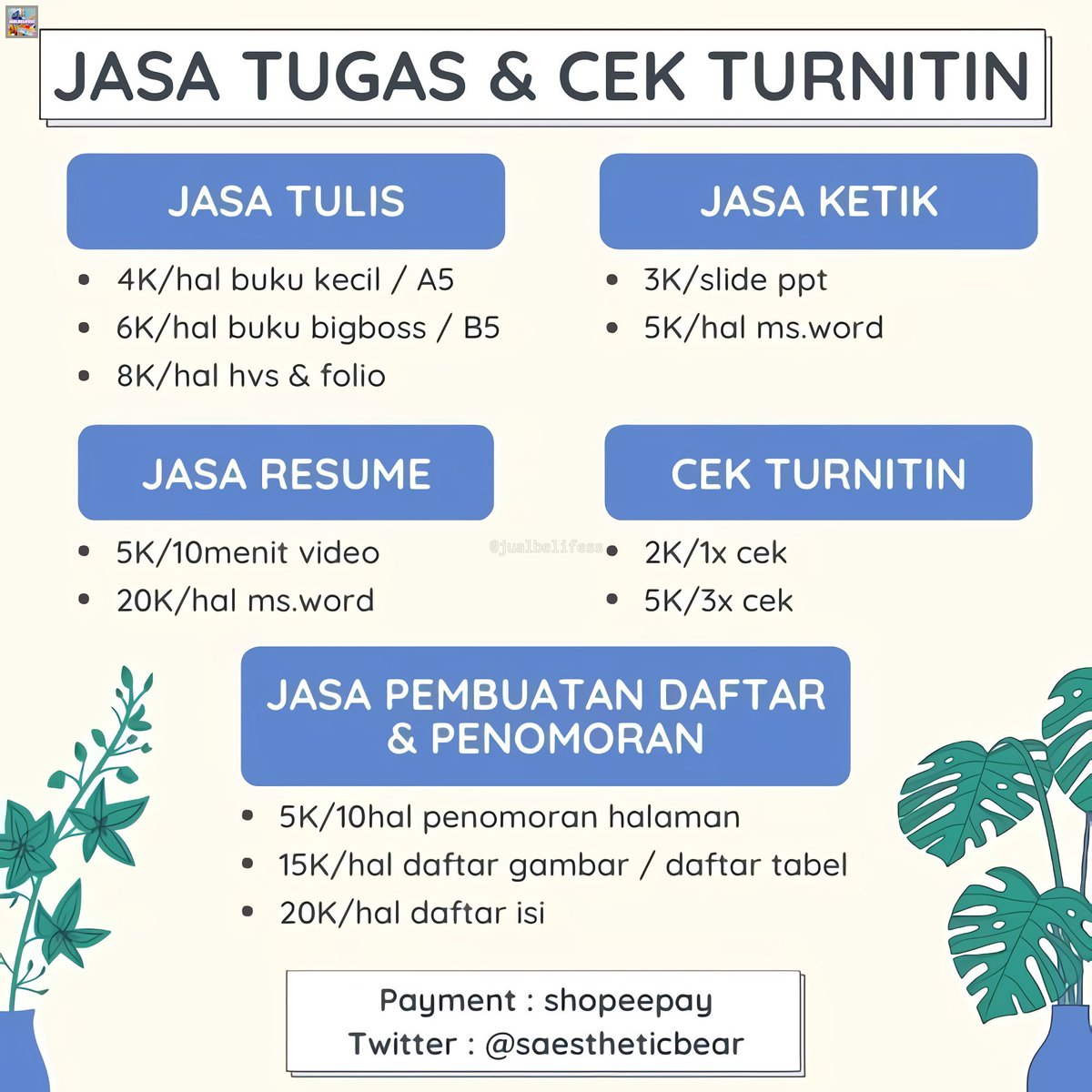 /jubel Halo kak, kalo ada yg butuh jasa tulis, jasa ketik, jasa resume atau cek turnitin bisa hubungi <a href="/saestheticbear/">CLOSE | 🧸 | JASA CEK TURNITIN</a> ya. Makasih ✨