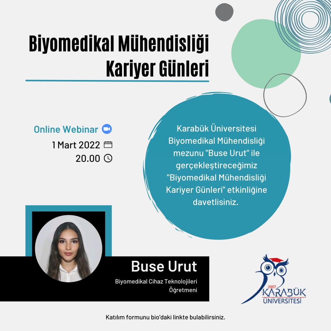 kbubiotech's tweet photo. Biyomedikal Mühendisliği Kariyer Günleri etkinliği kapsamında Biyomedikal Cihaz Teknolojileri Öğretmeni &amp; Biyomedikal Mühendisi Buse Urut ile Google Meets üzerinden 1 Mart 2022 Salı günü saat 20.00’de yapılacak çevrimiçi görüşmeye sizi de bekleriz. https://t.co/tURGlRCYLU https://t.co/cwtuyTOKv2