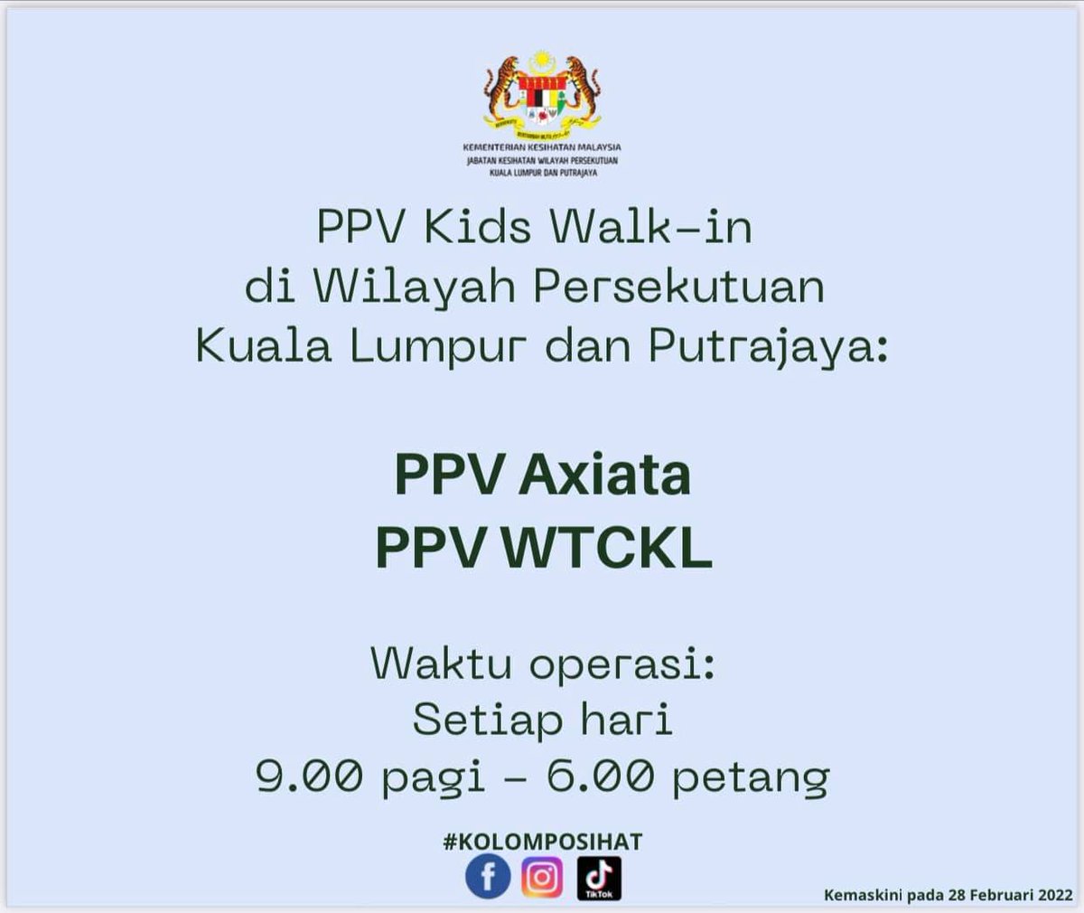 maheshappannan's tweet photo. Anak umur 5-11 belum dapat vaksin? Pergilah ke Axiata Arena Bukit Jalil atau World Trade Centre KL hari ini!

Beroperasi setiap hari. 15 Mac hari terakhir.

Bawa satu keluarga pun boleh!
• Pfizer utk remaja (12-17) ada.
• Semua vaksin utk dewasa (Sinovac, AZ, Pfizer) pun ada. https://t.co/asXQmdMA0r