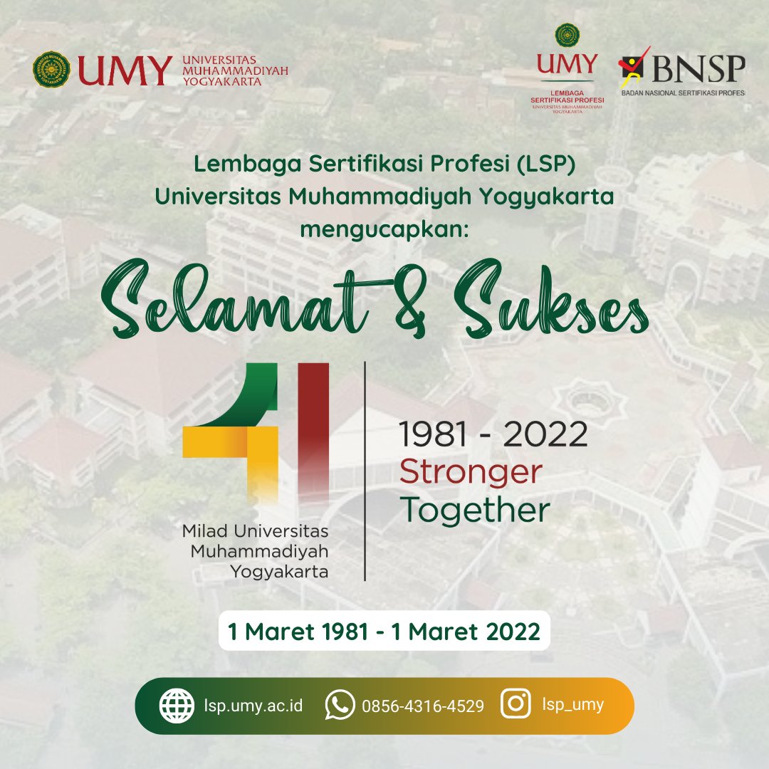 Lembaga Sertifikasi Profesi UMY mengucapkan Selamat &amp; Sukses Milad ke-41 Universitas Muhammadiyah Yogyakarta.

We Are Stronger Together

#UMY #UMYogya #Milad41UMY #StrongerTogether #BanggaMuhammadiyah #LSPUMY