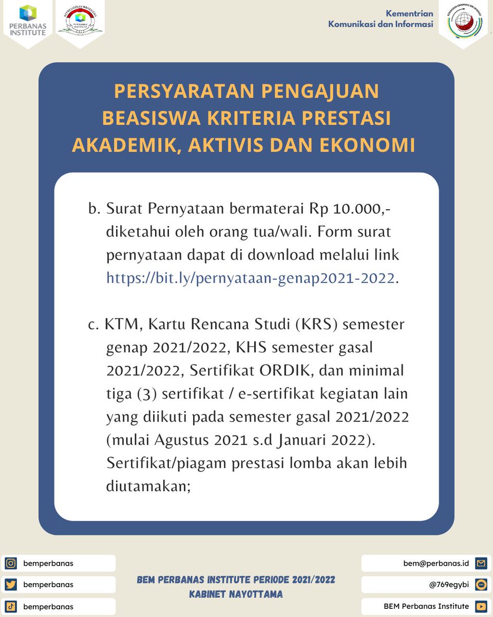 bemperbanas's tweet photo. [ INFORMASI AKADEMIK ]

Dibuka kesempatan memperoleh beasiswa reguler Perbanas Institute periode semester gasal tahun akademik 2021/2022 untuk kriteria Prestasi Akademik, Aktivis dan Ekonomi.

Berikut lampiran infografis untuk mengetahui informasi selengkapnya. https://t.co/vw1CYEvutg