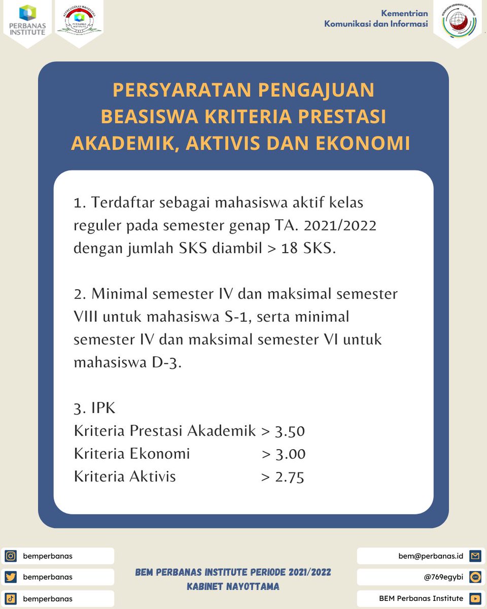 bemperbanas's tweet photo. [ INFORMASI AKADEMIK ]

Dibuka kesempatan memperoleh beasiswa reguler Perbanas Institute periode semester gasal tahun akademik 2021/2022 untuk kriteria Prestasi Akademik, Aktivis dan Ekonomi.

Berikut lampiran infografis untuk mengetahui informasi selengkapnya. https://t.co/vw1CYEvutg