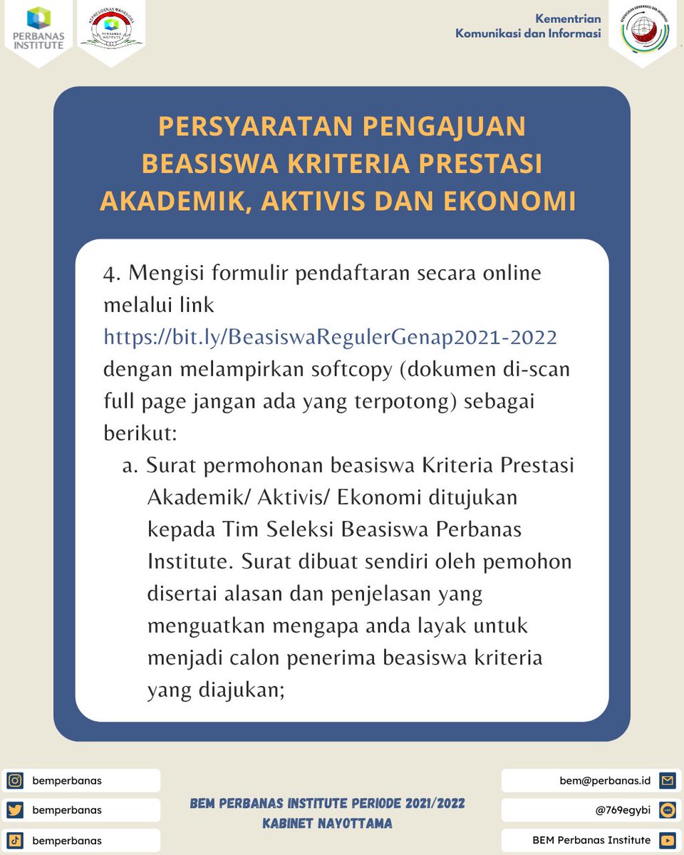 bemperbanas's tweet photo. [ INFORMASI AKADEMIK ]

Dibuka kesempatan memperoleh beasiswa reguler Perbanas Institute periode semester gasal tahun akademik 2021/2022 untuk kriteria Prestasi Akademik, Aktivis dan Ekonomi.

Berikut lampiran infografis untuk mengetahui informasi selengkapnya. https://t.co/vw1CYEvutg