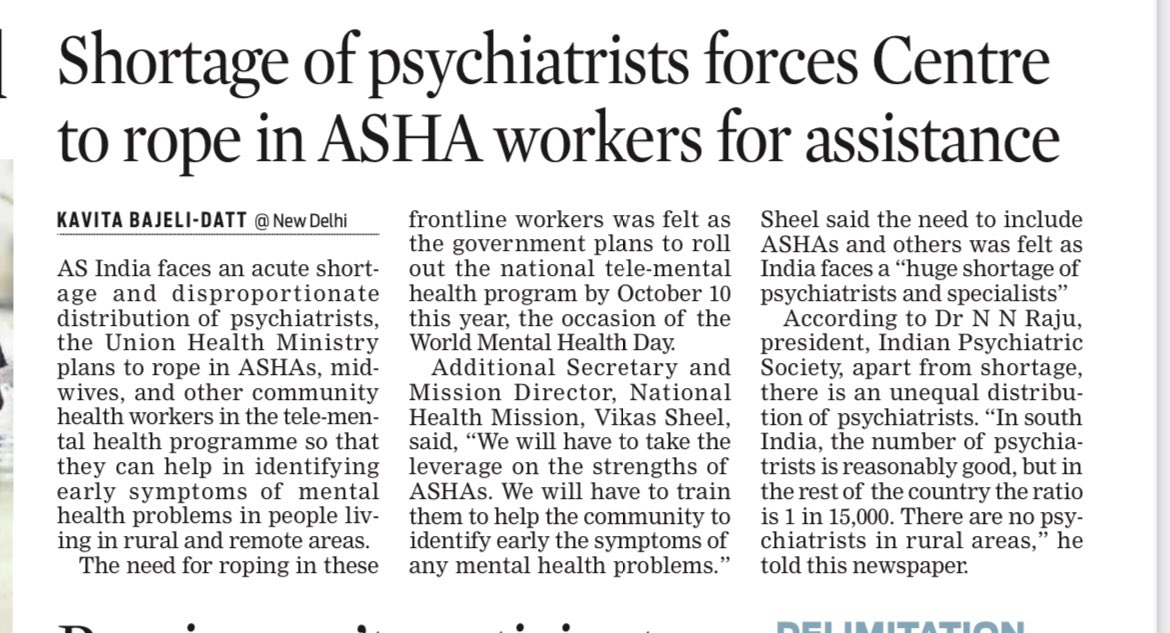 KavitaDatt's tweet image. Shortage of psychiatrists forces Centre to rope in ASHA workers for assistance. bit.ly/3hpf608 @NewIndianXpress @MoHFW_INDIA @mansukhmandviya @drnnraju