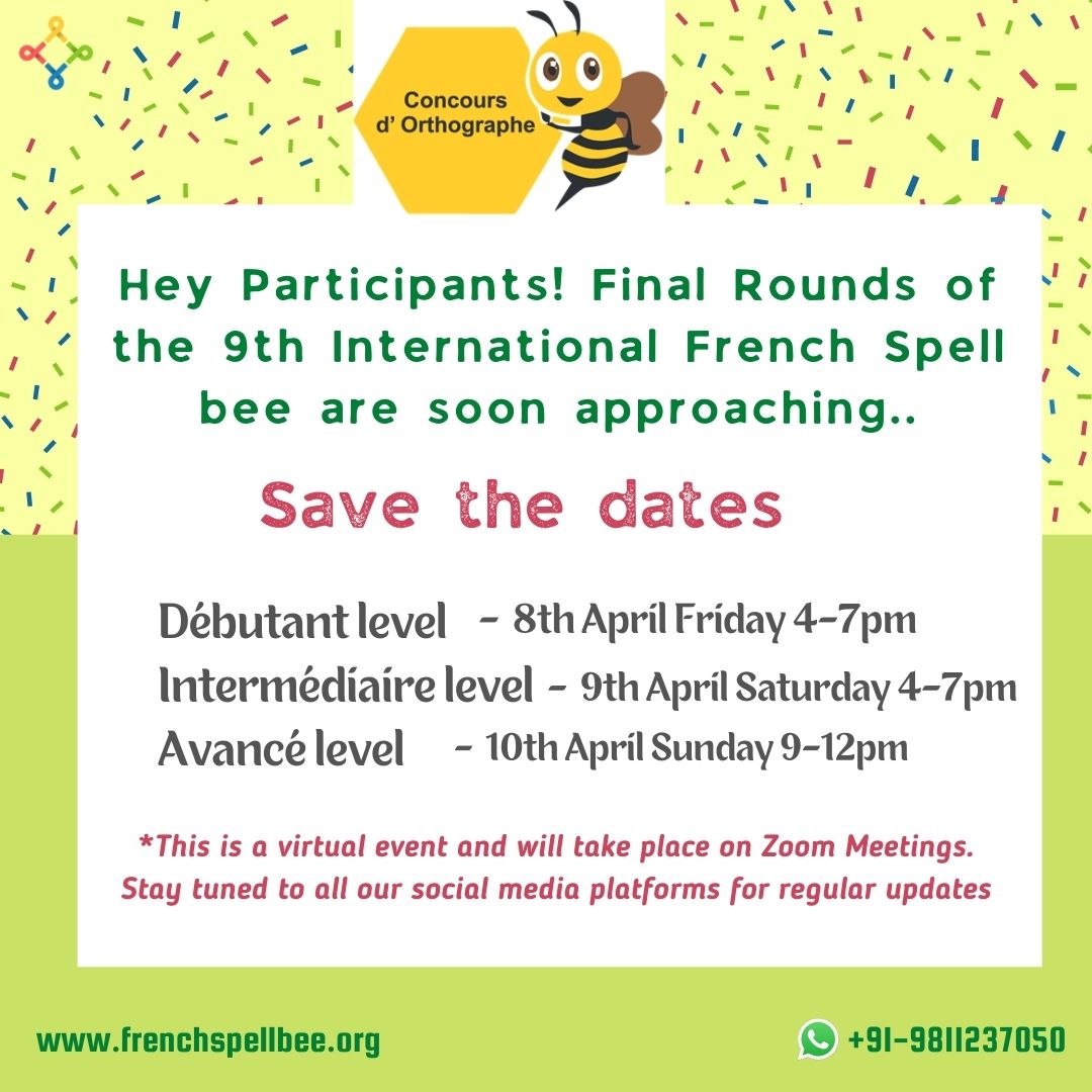 FrenchSpellBee's tweet photo. Gear up for the highly anticipated Final Rounds of the 9th International French Spell bee.
Team LeFrehindi-Paris wishes all students Bonne chance!
 
#frenchspellbee #frenchspellings #wintriptofrance 
#frenchcontest https://t.co/gdvSzAbRrw