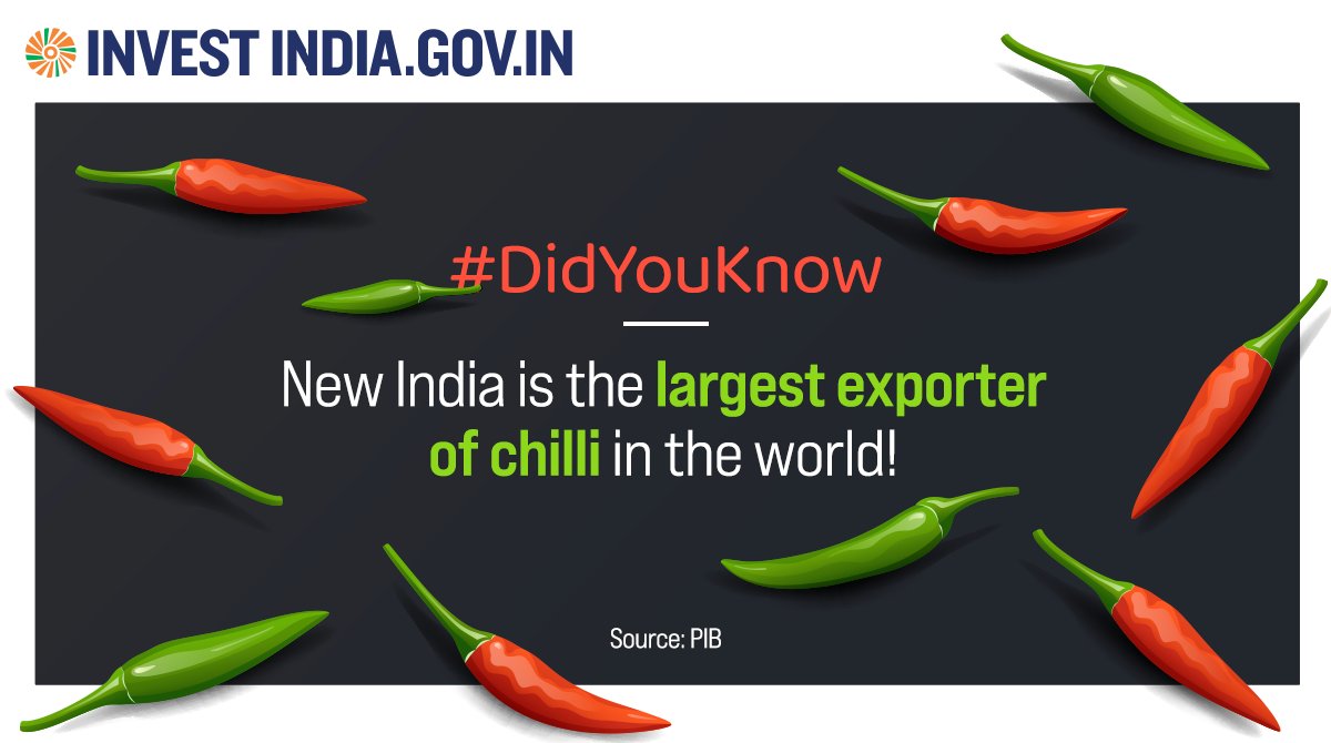 investindia's tweet image. #InvestInIndia

#NewIndia produced 4393000 MT of green chili as per the 2nd advance estimate of 2020-21.

Explore more avenues at: bit.ly/II-FoodProcess…

#SpiceIndustry #FoodProcessingSector #InvestIndia @MOFPI_GOI @PashupatiParas @Spices_Board @prahladspatel