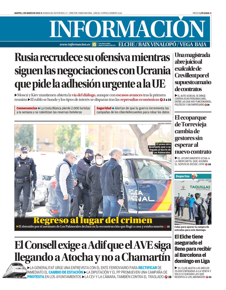 informacion_es's tweet photo. ¡Buenos días! Hoy, en la portada de Elche https://t.co/dFty69kimf:

🔷 Regreso al lugar del crimen
🔷 Rusia recrudece su ofensiva mientras sigue la negociación con Ucrania 
🔷 El Consell exige a Adif que el AVE siga llegando a Atocha

Más en https://t.co/gfpjxzngyh https://t.co/RL1k9H2VHn