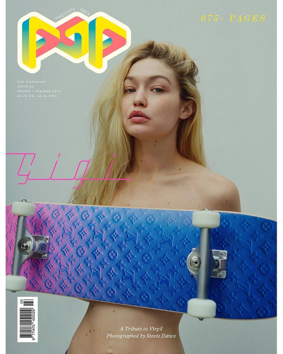GigiHadidLately's tweet photo. Gigi Hadid for POP magazine, March 2022 Issue, Tribute to Virgil Abloh. Photographed by Stevie Dance https://t.co/Uua34uDnvF