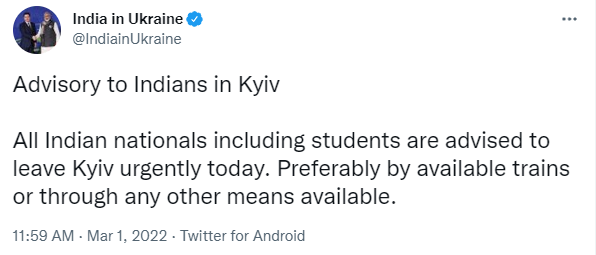 ANI's tweet photo. Embassy of India in Ukraine advises Indians to leave Kyiv urgently today https://t.co/tmoXpWTd1l