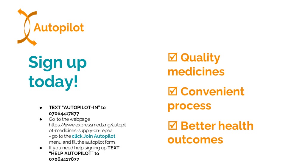 TrafficChiefNG's tweet photo. Improve your health outcomes with @EXPRESSMEDS1 #Autopilot - an automated subscription based medicine delivery service.

Signup today! See Flyer for details.

Learn more here: https://t.co/gs5YFUtu3c

Contact #ExpressMeds
WhatsApp: https://t.co/Aj7CiWPbrD https://t.co/Kp3D1aJXCx