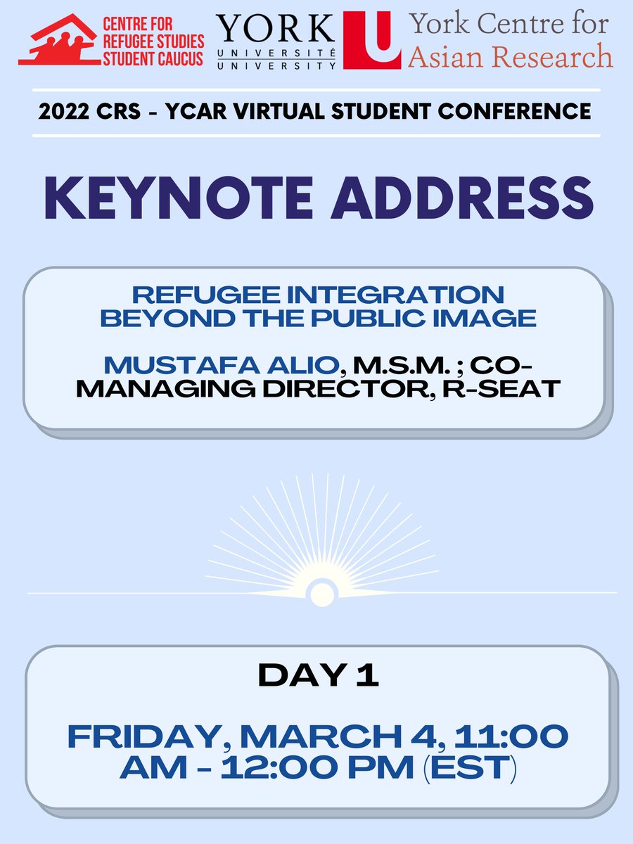 CRSSCYorkU's tweet photo. The CRS-YCAR (@asia_york) 2022 Virtual Student Conference is 3 DAYS away! 

We're excited to have Mustafa Alio (@AlioMustafa) will be delivering the Keynote Address on DAY 1!

Mustafa is Co-Managing Director of R-SEAT (Refugees Seeking Equal Access at the Table).

#crsycar2022 https://t.co/Oi0j01Be7f