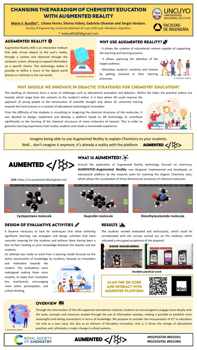 Hello everyone🙌, I present my project entitled “CHANGING THE PARADIGM OF CHEMISTRY EDUCATION WITH AUGMENTED REALITY” in the #RSCPoster 2022 👨‍🔬. Thank you for this opportunity <a href="/RoySocChem/">Royal Society of Chemistry</a> 🚀
Themes: #RSCEdu #RSCDigital #RSCOrg

RT and like it❣️
#Argentina #AR #Chemistry #AUMENTED