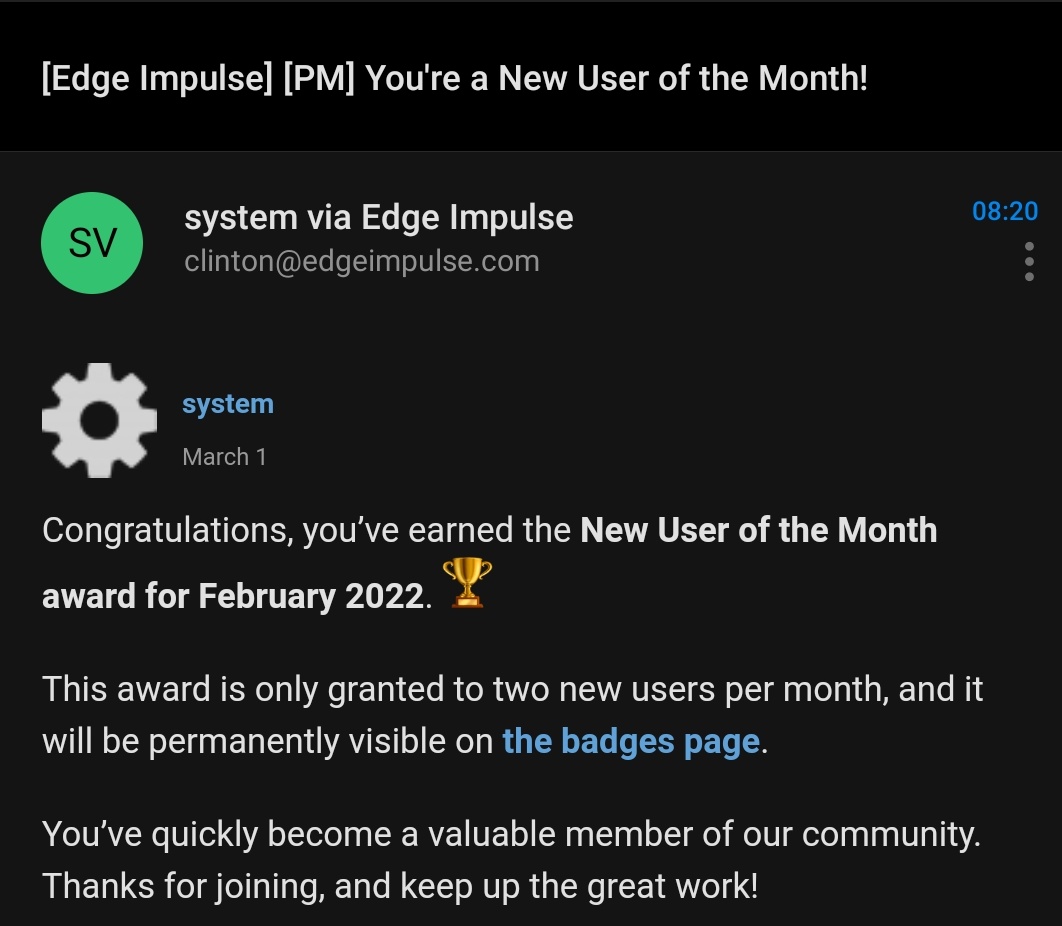 oduor_c's tweet image. Just got my badge for the new @EdgeImpulse user of the month🔥.
Want to be the next user of the month ? Head over to forum.edgeimpulse.com and start interacting with other #TinyML developers
through asking and even answer some questions from fellow #EmbeddedML devs.