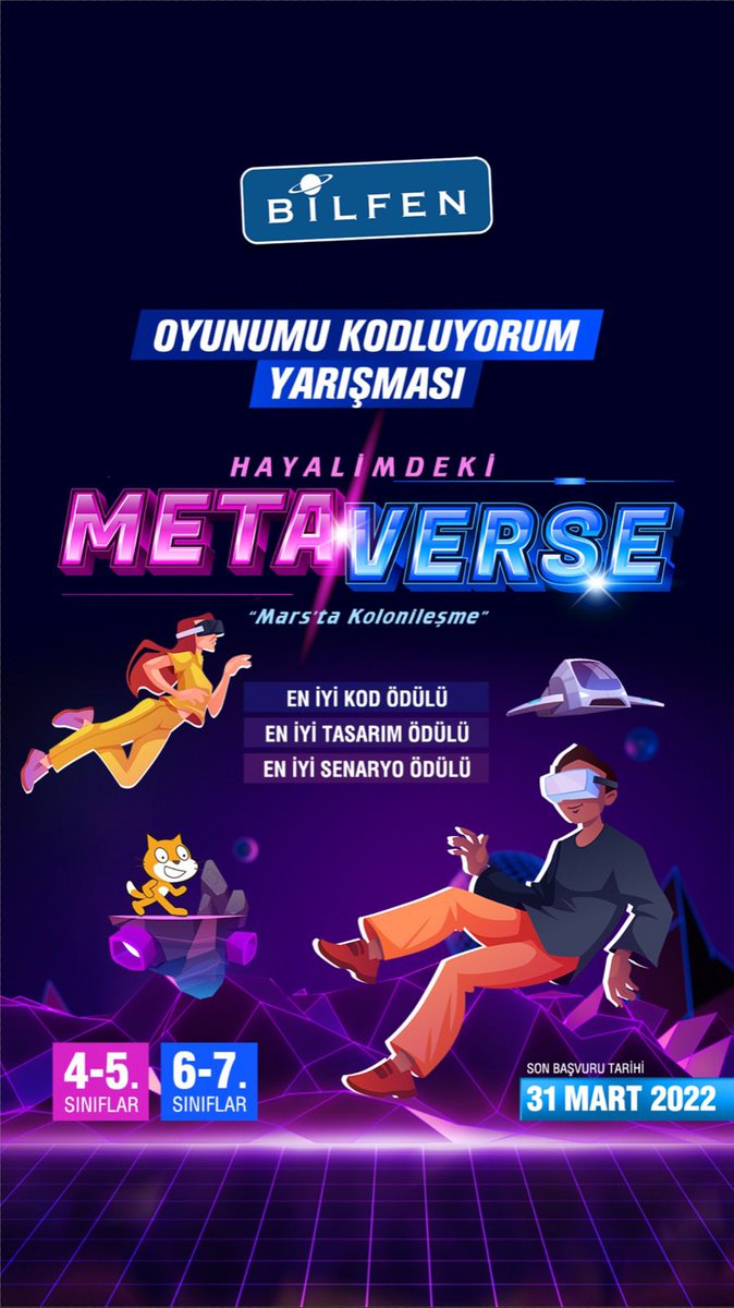 Bilfen's tweet photo. "Hayalimdeki Metaverse :Mars’ta Kolonileşme" temalı Bilfen Oyunumu Kodluyorum Yarışmasına ilgi çok büyük! Bilfen öğrencileri arasında gerçekleşecek yarışmanın son başvuru tarihini 31 Mart 2022’ye kadar uzattık . Haydi tasarlamaya ve kodlamaya son hız devam çocuklar...
#bilfen https://t.co/OH36cwKUUh