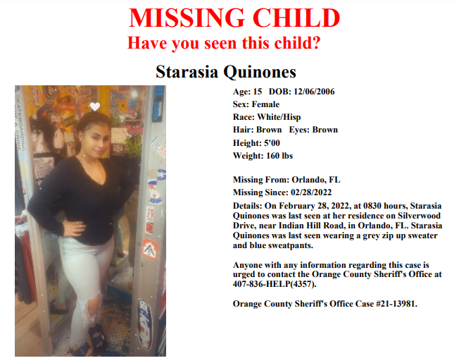 OrangeCoSheriff's tweet photo. MISSING: 15-yr-old Starasia Quinones was last seen at 8:30 a.m. yesterday at her home on Silverwood Dr, near N. Pine Hills Rd &amp; Indian Hill Rd. She was wearing a gray zip-up sweater &amp; blue sweatpants.

If you see Starasia or know where she may be, please call us at 407-836-4357. https://t.co/u9jiLuzs0k