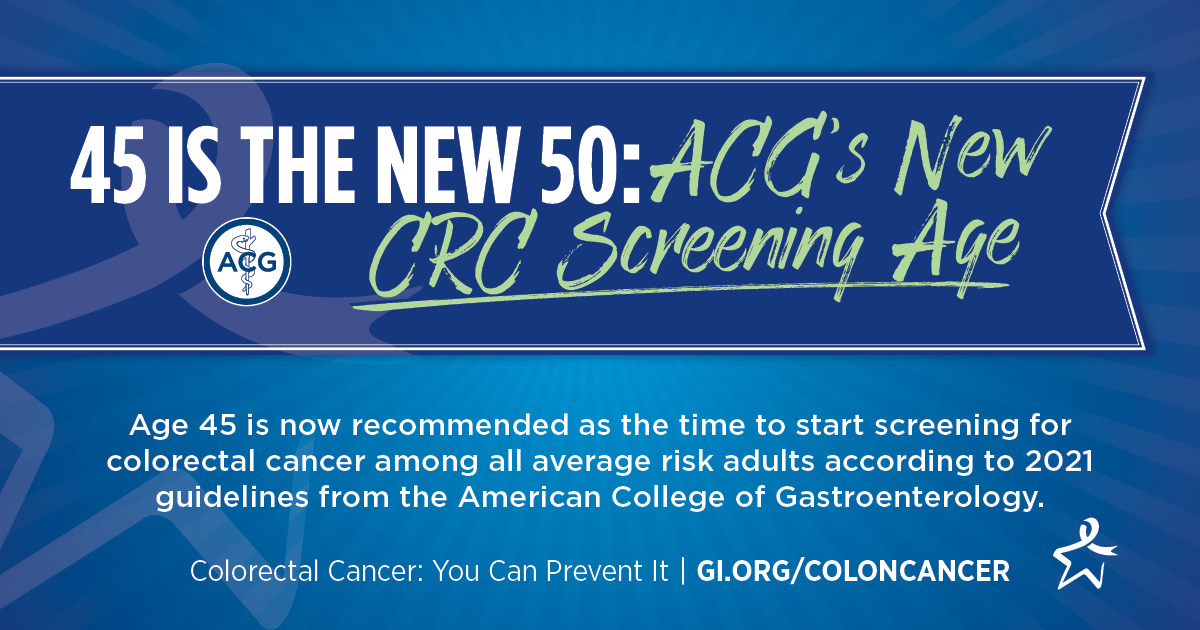 March is #ColorectalCancerAwarenessMonth!

#Gastroenterology experts at ACG urge you to talk to your doctor about lifesaving #ColorectalCancerScreening

4⃣5⃣New Age to Start Screening for All Average Risk Adults
➡️➡️#45isTheNew50⬅️⬅️

Learn More gi.org/coloncancer
#GItwitter