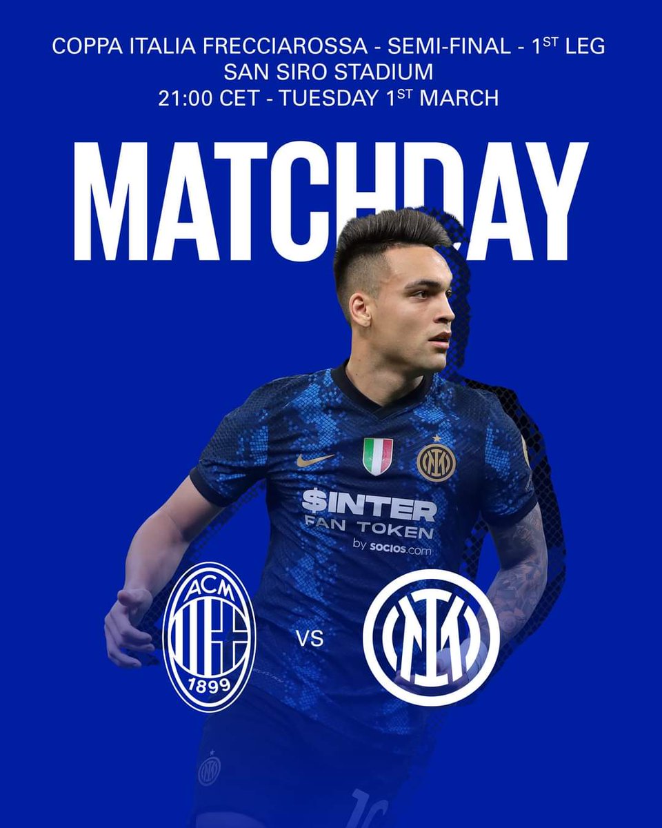 ICB1908's tweet image. ⚫🔵 Matchday ⚫🔵

🇮🇹 Derby della Madonnina 
⚽ #MilanInter
🏆 #CoppaItaliaFrecciarossa
⏰ 21:00 CET (20:00 UK)
📺 Premier Sports 
🏟️ Stadio Giuseppe Meazza 
#FORZAINTER ⚫🔵 #DerbyMilano
