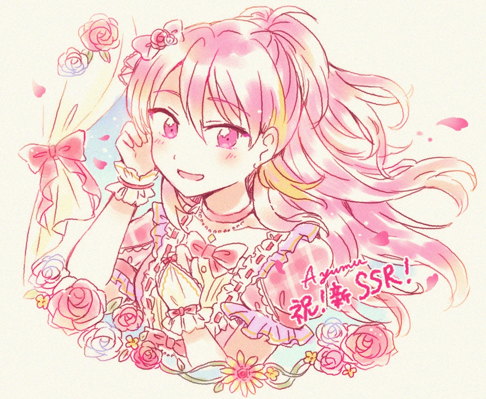 1girl solo pink hair flower pink eyes rose smile  illustration images
