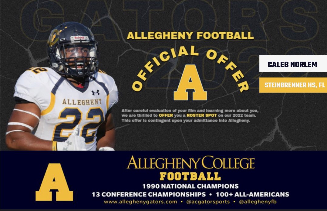 CNorlem's tweet image. Excited to receive an offer from @AlleghenyFB ! @ACCoachNagy @juanlong9 @RobRptampa