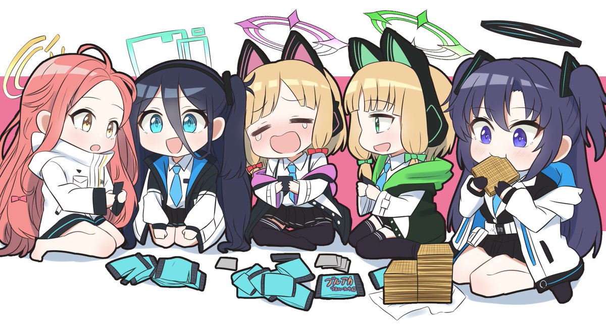 aris (blue archive) ,midori (blue archive) ,momoi (blue archive) ,yuuka (blue archive) multiple girls halo jacket skirt animal ear headphones pleated skirt animal ears  illustration images