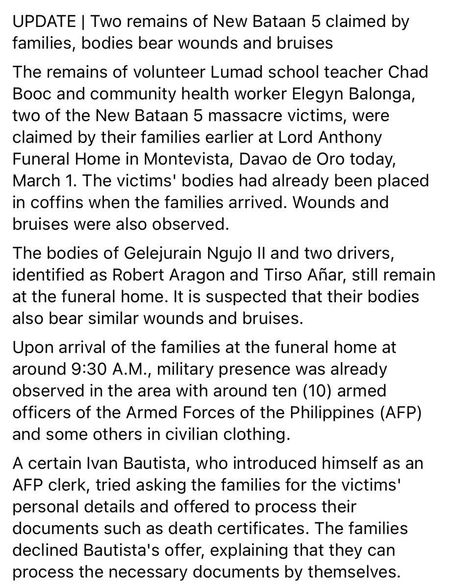 savelumadschool's tweet photo. #JusticeForNewBataan5 UPDATE | Two remains of New Bataan 5 claimed by families, bodies bear wounds and bruises 

READ AND SHARE: https://t.co/Quv2vfTppT

#JusticeForChadBooc
#JusticeForTeacherJurain
#JusticeForNewBataan5 https://t.co/70nm1OKaxv