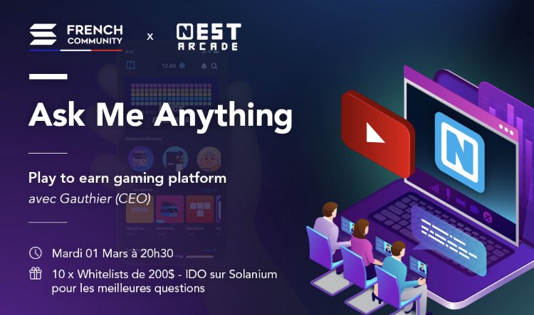 #AMA in french tonight at 19:30 PM UTC 

We have Gauthier, <a href="/TheNestArcade/">NEST ARCADE 👾</a> CEO🕹just before their <a href="/solanium_io/">Solanium</a> #IDO

🎁10 Solanium #WhiteList for a 200usd allocation !
🎁🎁#Airdrop for $Coban Holders

youtube.com/watch?v=AGXXG7…

#DAO #Solana #Gaming #Play2Earn #NFT #P2E
