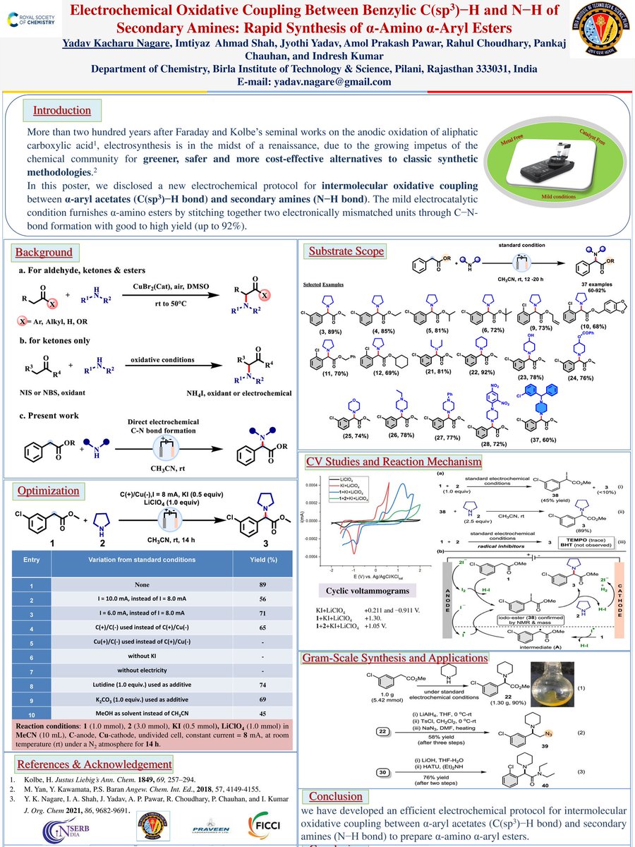 Hello everyone, please check out my first RSC Poster. Electrochemical Oxidative Coupling Between Benzylic C(sp3)–H and N–H of Secondary Amines: Rapid Synthesis of α-Amino α-Aryl Esters. #RSCPoster #RSCPosterLive #RSCPosterPitch #electrochemistry #RSCOrg #RSCCat