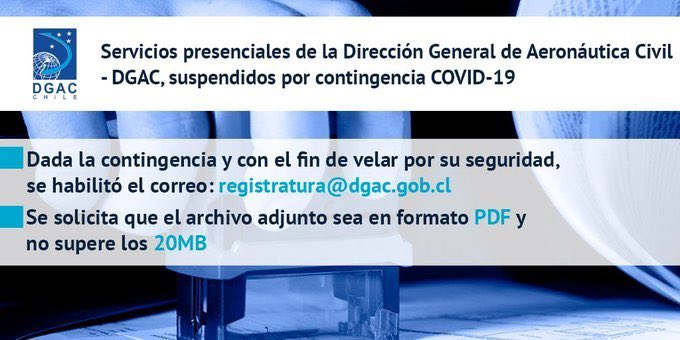 DGACChile's tweet photo. [#Atención] Informamos que la @DGACChile está recibiendo la documentación a través del correo electrónico registratura@dgac.gob.cl y #DocDigital para las comunicaciones con organismos públicos. https://t.co/3sSAqVWHXo