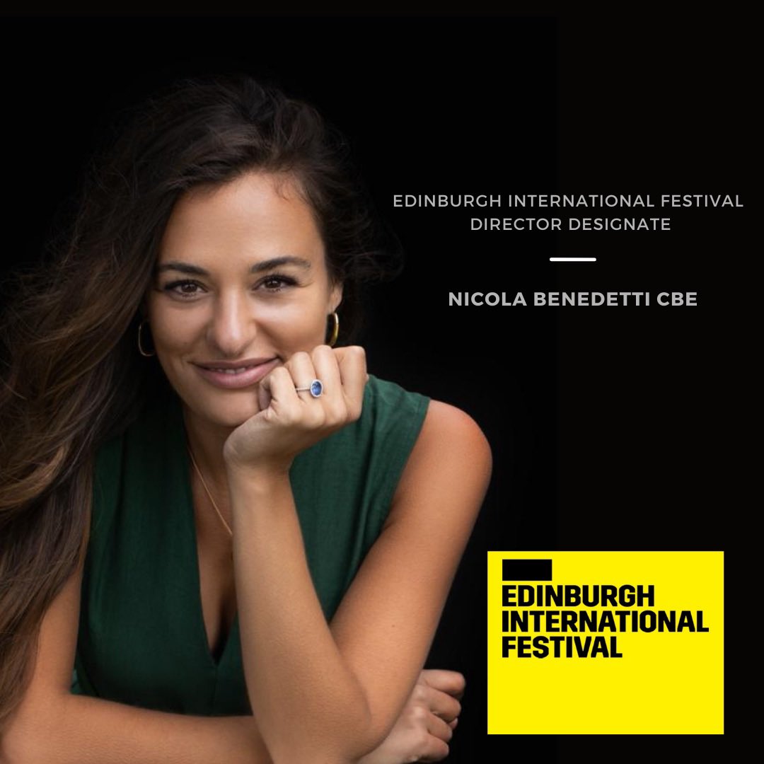 Nicola Benedetti (@nickybenedetti) on Twitter photo Today I am delighted to have been announced as the Director Designate of the <a href="/edintfest/">Edinburgh International Festival</a> , beginning the role on 1 Oct 2022. I am proud to become the first Scottish and first female since the Festival began in 1947 1/3 Today I am delighted to have been announced as the Director Designate of the <a href="/edintfest/">Edinburgh International Festival</a> , beginning the role on 1 Oct 2022. I am proud to become the first Scottish and first female since the Festival began in 1947 1/3