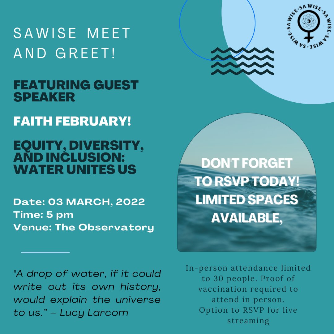 The_SAWISE's tweet photo. Final reminder to RSVP for our first #sawise Meet & Greet happening this Thursday, 3 March! We look forward to hearing what our amazing guest speaker, Faith February, has to share and to meeting and networking with our members!
https://t.co/8EXoImHOld
#oceanography #networking https://t.co/PjkBxpGqTQ