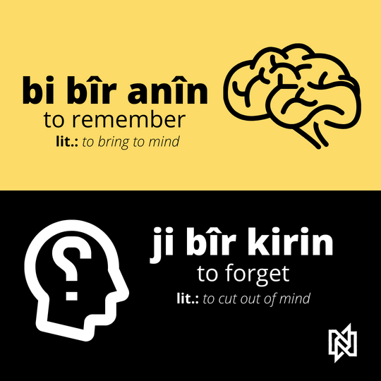 NasName21's tweet photo. bi bîr anîn x ji bîr kirin
to remember x to forget
#kurdî #kurdish #kurdisch #learnkurdish #learnkurdishvocab #SpeakKurdish #zimanêkurdî #ziman #kurmancî  #polyglot #languagematters #kurdishlanguagematters #instakurdish #NasName #language #kurds
For more: https://t.co/HCUAqupjgb https://t.co/ZGOtTX7fDq