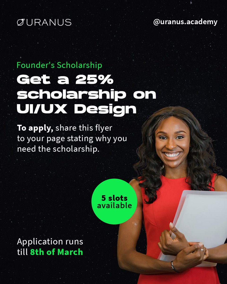 Founder's Scholarship Alert 🚀🚀🚀

Here's the opportunity you've been waiting for.
The Uranus Founder's scholarship guarantees you a whopping 25% discount😃😃 on the Uranus Product Design course (UI//UX design). 

#techscholarship #uranusacademy