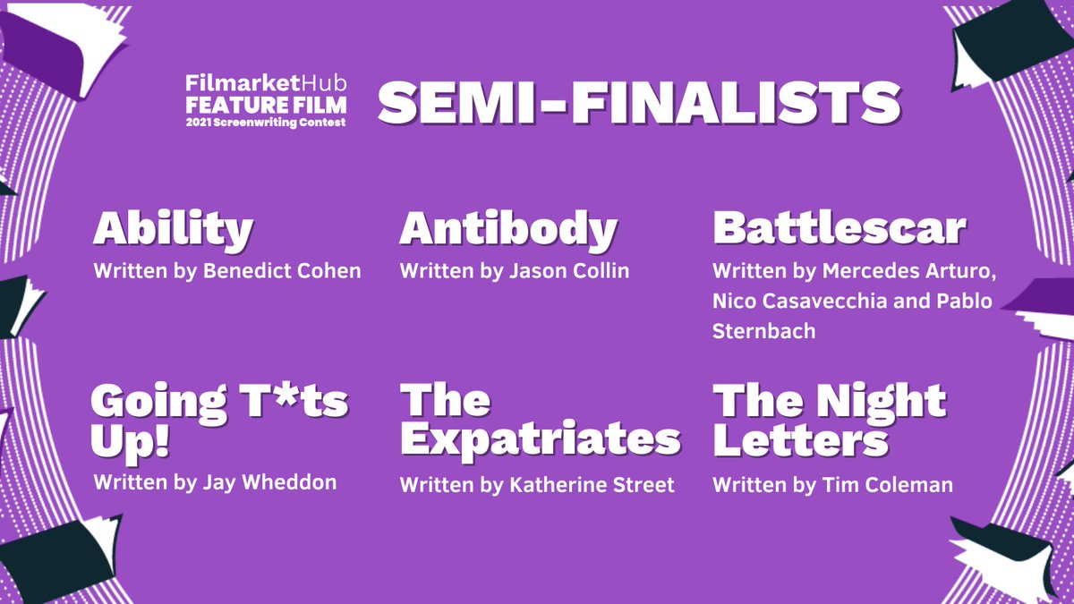 FilmarketHub's tweet photo. We are delighted to announce the semi-finalists of our 2021 Screenwriting Contest for English language feature films!
 
Three writers will go through to the final round, after which we will announce the winner.
 
https://t.co/iDW01MC57C
Meet the semi-finalists! ⤵️ https://t.co/qvO27TXPja