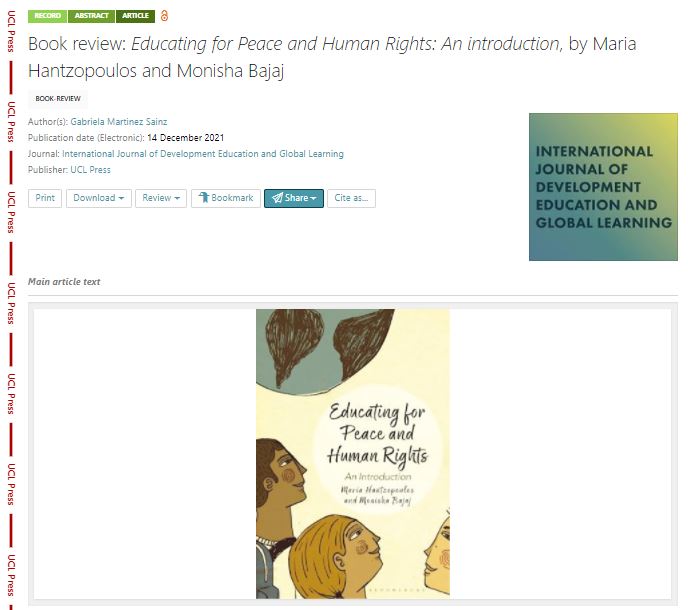 uclpress_ed's tweet photo. Read Gabriela Martinez Sainz's review of Educating for Peace and Human Rights (published by @BloomsburyAcad) in #IJDEGL 13.2: #OpenAccess via @Science_Open! #HumanRightsEd #PeaceEd #EduTwitter #BookReview @UCLpress @ioe_derc https://t.co/Bg4IaGYdq6 https://t.co/YojlfCzY5O