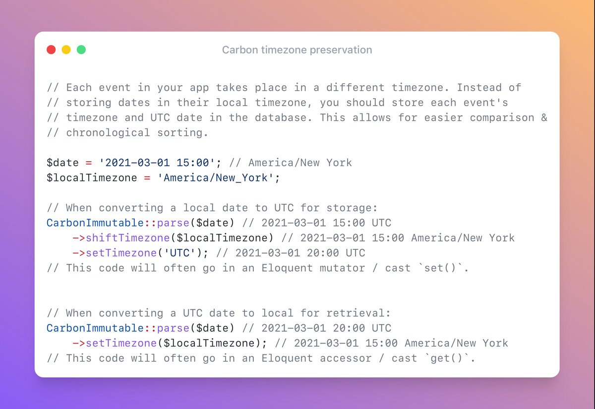 Use Carbon's setTimezone() and shiftTimezone() methods