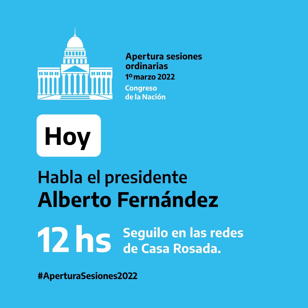 Hoy desde las 12 el presidente <a href="/alferdez/">Alberto Fernández</a> dará inicio a las sesiones ordinarias del Congreso Nacional, inaugurado un nuevo período parlamentario.

Podés serguirlo en vivo por youtube.com/user/casarosada

#AperturaSesiones2022