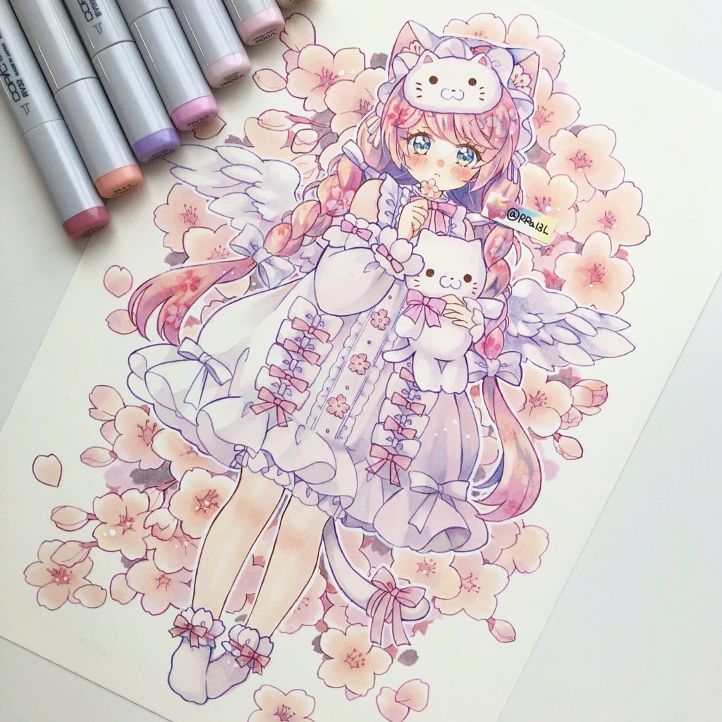 1girl marker (medium) traditional media flower animal ears wings dress  illustration images