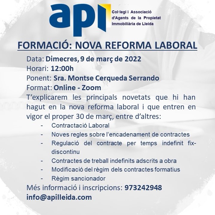 apilleida's tweet image. Perquè lo important és estar al dia, el proper 9 de març, t&apos;explicarem els principals punts de la nova reforma laboral.

#apiLleida
#formació
#novetats
#laboral
#serveis