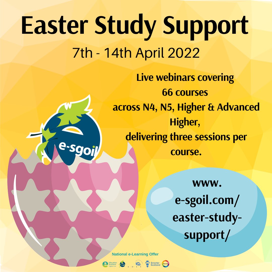Easter Study Support - As of midday today we have had:
1100 webinar bookings 
from 253 learners
in 110 schools
across 27 Local Authorities

For more information, the timetable &amp; how to sign up visit:
 e-sgoil.com/easter-study-s…

#NeLO