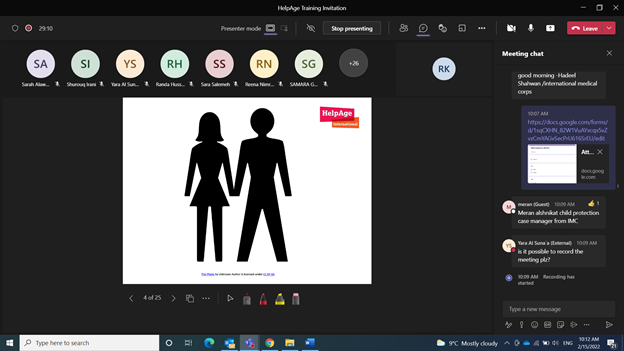 Over the past few weeks, HelpAge International in Jordan delivered a training on its module of #GBV Among Older People in Humanitarian Programs to 43 participants from 26 organizations. 
To know more and start the course, please log to: 
training.helpagejordan.org/ar/course/gend…