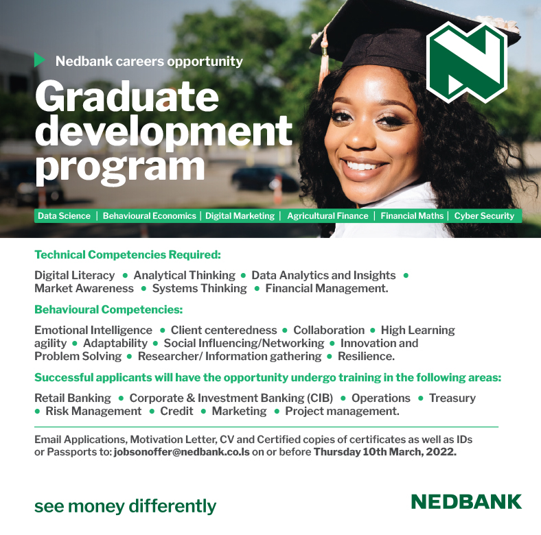NedbankLes's tweet photo. We're excited to invite applications from young Postgraduate Basotho nationals, aged 30 years or younger, with high potential for a Graduate Development Program which aims to develop &amp; build talent for possible future leadership roles at the bank.
Details:
https://t.co/OOpvwmFwMo https://t.co/xcLvryCv1C