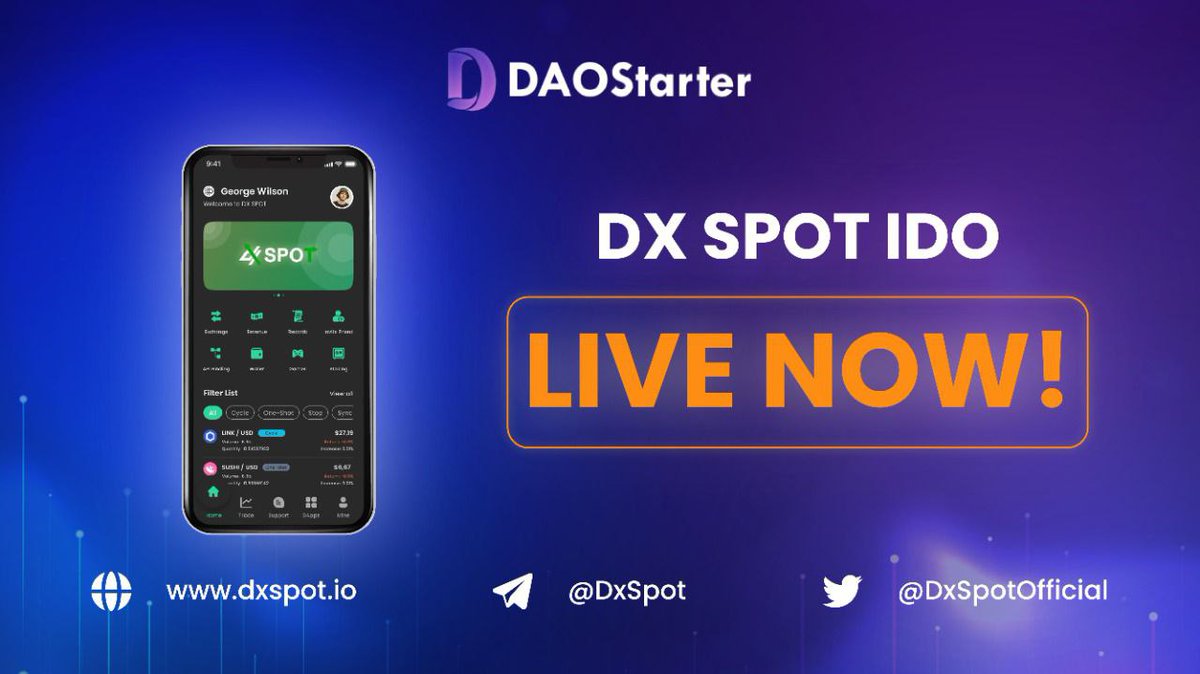 Dx Spot IDO is now LIVE on <a href="/DaoStarter/">DaoStarter</a> 🚀

✅ For whitelist participant:
daostarter.pro/#/parameterLim…

✅ For public participant:
daostarter.pro/#/parameterLim…
 
Whitelist &amp; Public Pool LIVE NOW..!! 🔥🔥

🚀🚀🚀🚀🚀🚀
