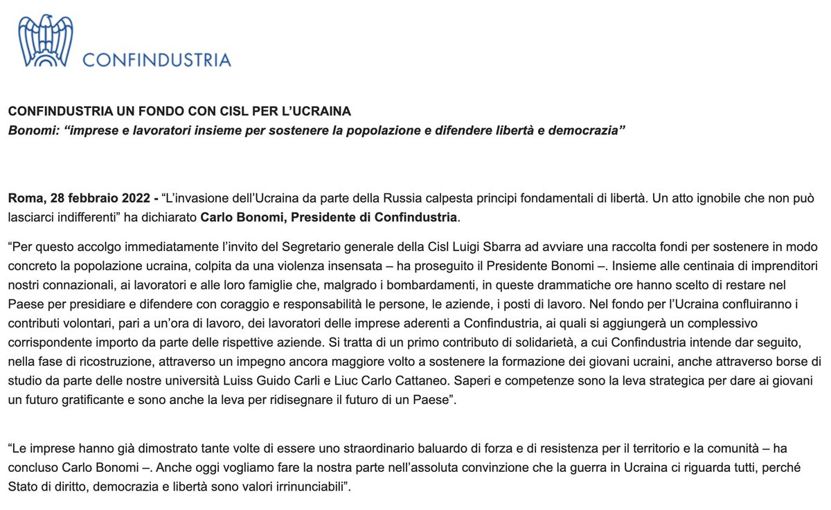 #1marzo <a href="/Confindustria/">Confindustria</a> <a href="/CislNazionale/">CISL Nazionale</a> propongono insieme un fondo per l’#Ucraina per sostenere in modo concreto la popolazione. Anche oggi vogliamo fare la nostra parte con un contributo concreto di solidarietà per i #giovani e il loro #futuro #UkraineRussiaWar