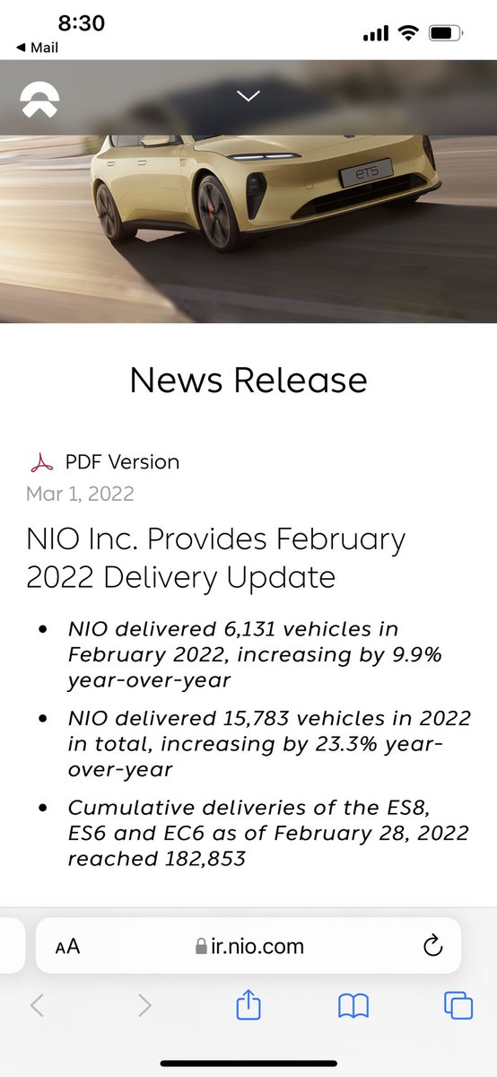 $NIO delivered 6,131 vehicles in February 2022, increasing by 9.9% year-over-year
NIO delivered 15,783 vehicles in 2022 in total, increasing by 23.3% year-over-year #NIO 

Cumulative deliveries of the ES8, ES6 and EC6 as of February 28, 2022 reached 182,853